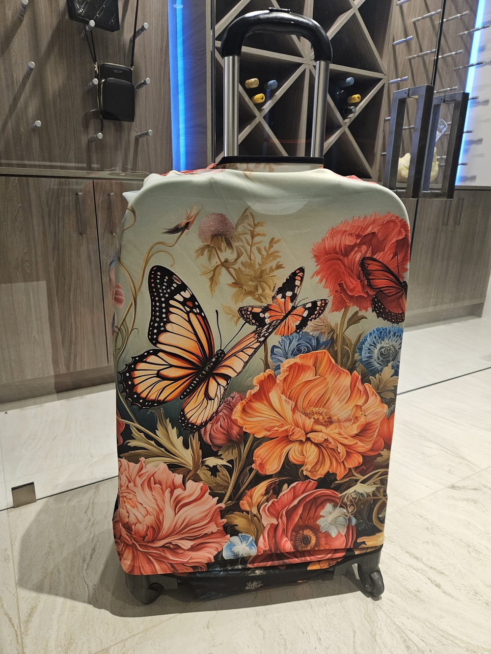 Floral Butterfly Luggage Cover in Orange and Cream - Picture 2 of 2